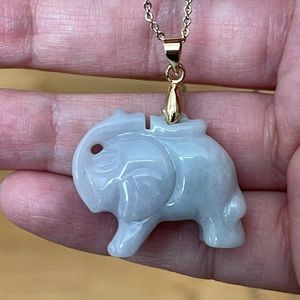 Carved natural lavender jadeite jade elephant gold pendant & chain
